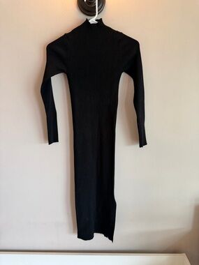 VICI Black Ribbed Mock Neck Long Sleeve Midi Bodycon Dress XS